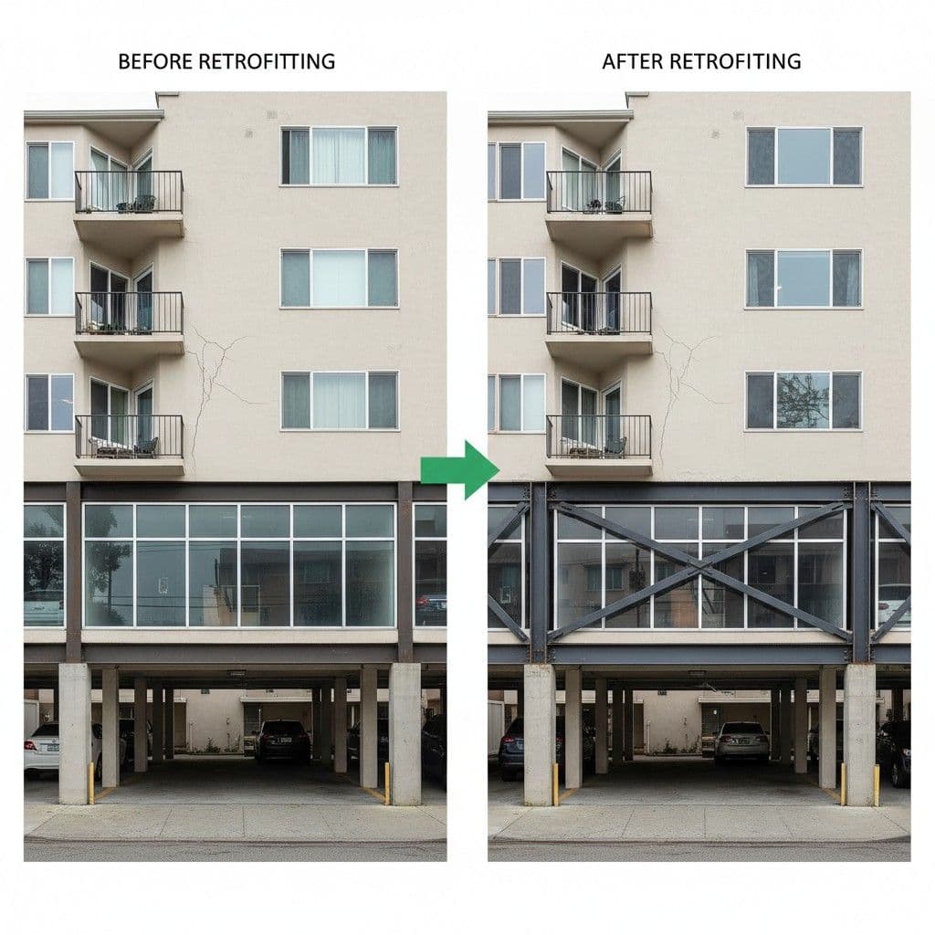 Soft Story Building Before and After Retrofit
